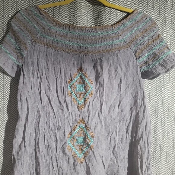 THML Scrunch Off The Shoulder Gray With Brown & Teal Embroidery Aztec Design Top - Picture 8 of 10